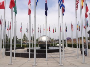 Global Citizens Plaza, where each flag represents a student's country, or a country where a Chapman student can go to study abroad.